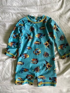 Hatley Teal Fish Print Kids UV Swim Romper